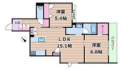 阪急京都本線 上新庄駅 徒歩5分の賃貸マンション 2階2LDKの間取り
