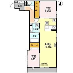 阪急神戸本線 武庫之荘駅 徒歩18分の賃貸アパート 1階2LDKの間取り