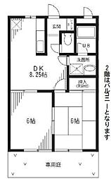 グリーンフィールド石阪A棟 2階2DKの間取り