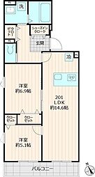 仮称メゾンブルー 2階2LDKの間取り