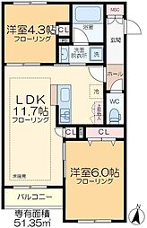 ＯｐｕｓIIIＵｍｅｊｉｍａ 2階2LDKの間取り