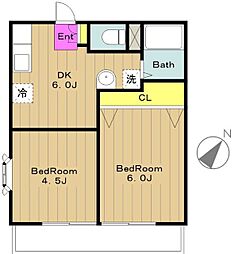 ピュアリティ多摩 2階2DKの間取り