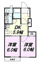 JR中央線 八王子駅 バス18分 中野団地下車 徒歩4分の賃貸アパート 1階2DKの間取り