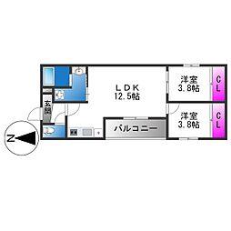 東大阪市下六万寺町3丁目アパート 2LDKの間取図画像
