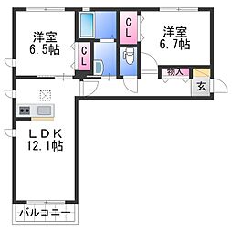 シャーメゾンMISA　B 2階2LDKの間取り