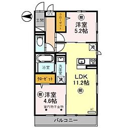 オークリーフ三郷 B 2階2LDKの間取り
