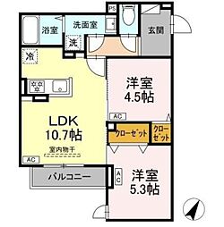 セレスティア扇III 3階2LDKの間取り