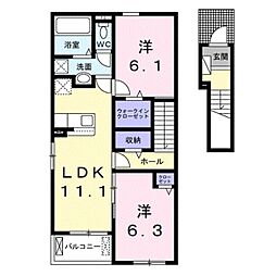 JR和歌山線 布施屋駅 3.6kmの賃貸アパート 2階2LDKの間取り