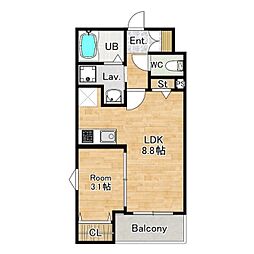 ザカラー東本町A棟 1階1LDKの間取り