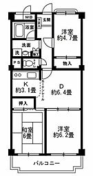 川崎大師パークファミリア 3階3DKの間取り