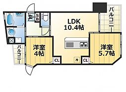 プリオーレ神戸大開通 2LDKの間取図画像