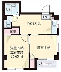 クレッシェンドI 3階2DKの間取り