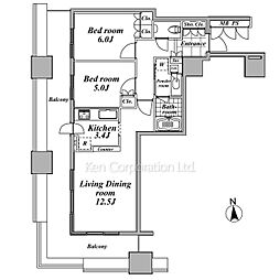 プラウドタワー東五反田 8階2LDKの間取り