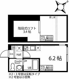 ハーミットクラブハウスAlesia長津田 2階ワンルームの間取り