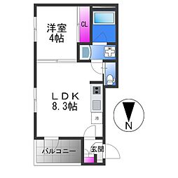 ハーモニーテラス勝山北 1階1LDKの間取り