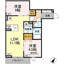 セレスティア細田B 3階2LDKの間取り