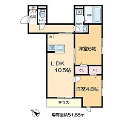 セレスティア西綾瀬 1階2LDKの間取り