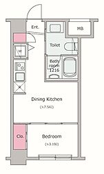 レジディア新川 2階1DKの間取り