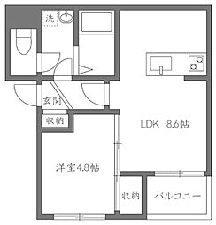 タウンコート飯田橋 2階1LDKの間取り