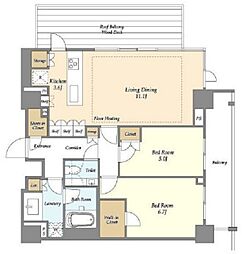 オアーゼ新宿市谷薬王寺 4階2LDKの間取り