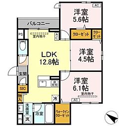 ドムスクレスト中町 3階3LDKの間取り