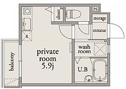 アーベインテラス舟渡 1階ワンルームの間取り