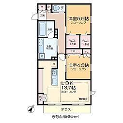 アレーズＫＡＳＨＩＷＡＮＯＨＡ 1階2LDKの間取り