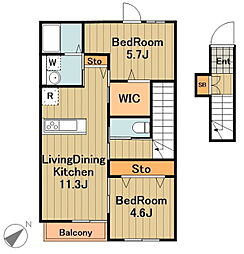 京王相模原線 南大沢駅 バス4分 栗本橋下車 徒歩3分の賃貸マンション 2階2LDKの間取り