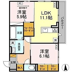 ヴィラージュ 3階2LDKの間取り