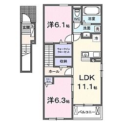 ケーズコート中迫3 2階2LDKの間取り