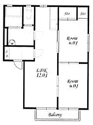 プルーニハイツA 2LDKの間取図画像