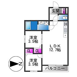東大阪市下六万寺町3丁目アパート 2LDKの間取図画像