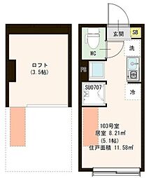 Ｐａｒｋ Ｔｅｒｒａｃｅ 富士見台 1階ワンルームの間取り