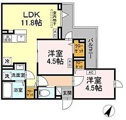 セレスティア扇III 3階2LDKの間取り