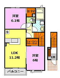 関東鉄道常総線 黒子駅 5.9kmの賃貸アパート 1階2LDKの間取り