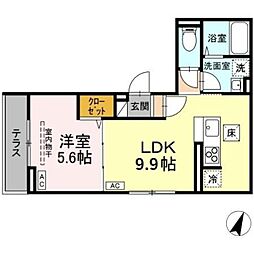 Dフラット東平山　B棟 1階1LDKの間取り