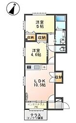 パレス北野 1階2LDKの間取り