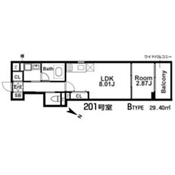 阪神本線 打出駅 徒歩3分の賃貸マンション 2階1LDKの間取り