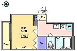 メゾンジュネス 1階1Kの間取り