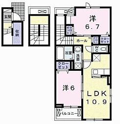 仮六高台5丁目アパートI 3階2LDKの間取り