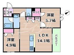おおさか東線 城北公園通駅 徒歩7分の賃貸マンション 2階2LDKの間取り