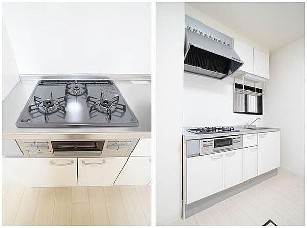 画像5:【キッチン】3口ガスコンロ・グリルが付いたシステムキッチンでございます！また、便利な床下収納も付いております♪