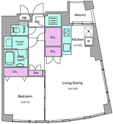レジディアタワー乃木坂 1LDKの間取図画像
