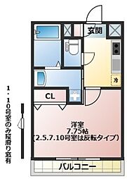 オーブ 2階1Kの間取り