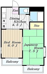小田急小田原線 小田急相模原駅 徒歩10分の賃貸マンション 3階2DKの間取り