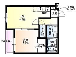 フジパレス稲田本町 1階1LDKの間取り