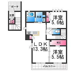 シャーメゾン アミコートB棟 2階2LDKの間取り