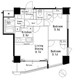MFPR目黒タワー 6階2LDKの間取り