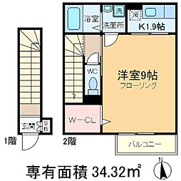 ミズカ ラトゥール 2階1Kの間取り
