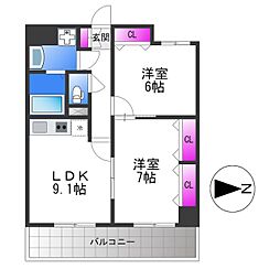 グランデュール林寺 2DKの間取図画像